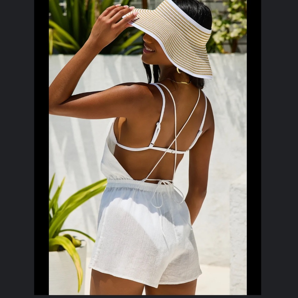 Lulus Headed to the Beach White Strappy Swim Cover-Up Romper Sz M - Picture 11 of 12